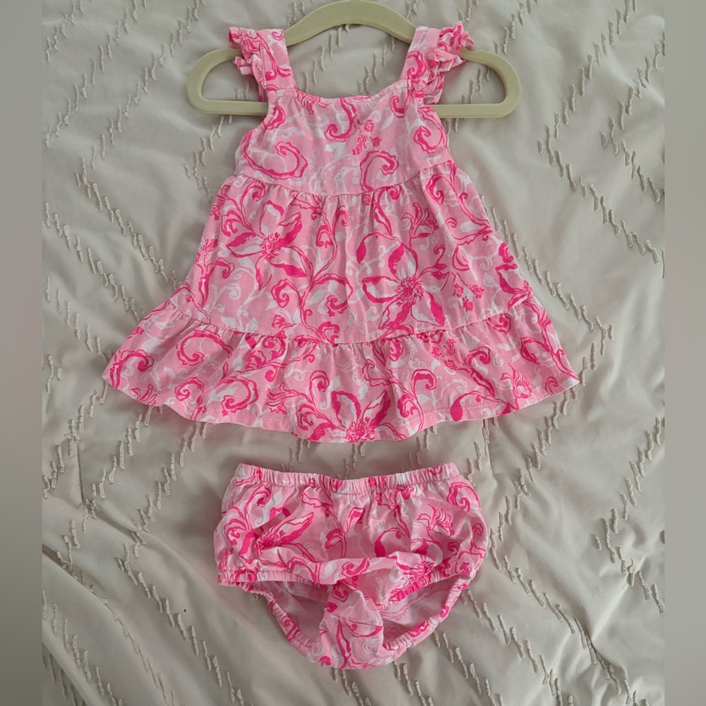 Lilly Pulitzer Charlize Infant Dress in Conch Shell Pink Flamingle Garden - Picture 2 of 4